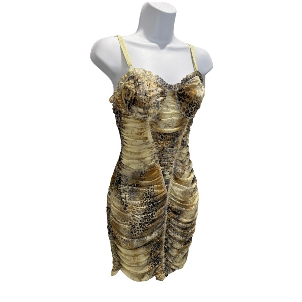 Vintage Y2K Leopard Mesh Ruched Bodycon Mini Dress Spaghetti Strap Prom Party S - Picture 8 of 14